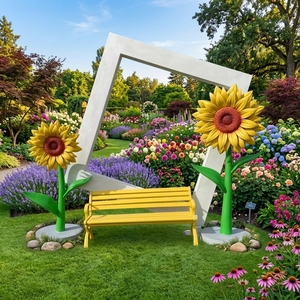 Escultura de Girasol de Fibra de Vidrio Personalizada con Marco de Fotos y Banco, Estatua de Flor Grande de FRP para Decoración de Paisajes de Centros Comerciales y Parques - Product Image 5