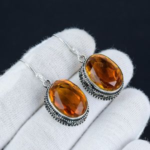 Pendientes colgantes finos de Plata de Ley 925 al por mayor, gancho de piedras preciosas ovaladas facetadas con citrino, joyería hecha a mano con precio de fábrica - Product Image 1