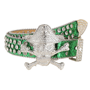 <span class=keywords><strong>Ceinture</strong></span> en cuir PU pour femme, style rétro, avec boucle tête de mort de cowgirl, ornée de strass et de diamants, logo 3D, design de créateur, style cowboy - Product Image 5