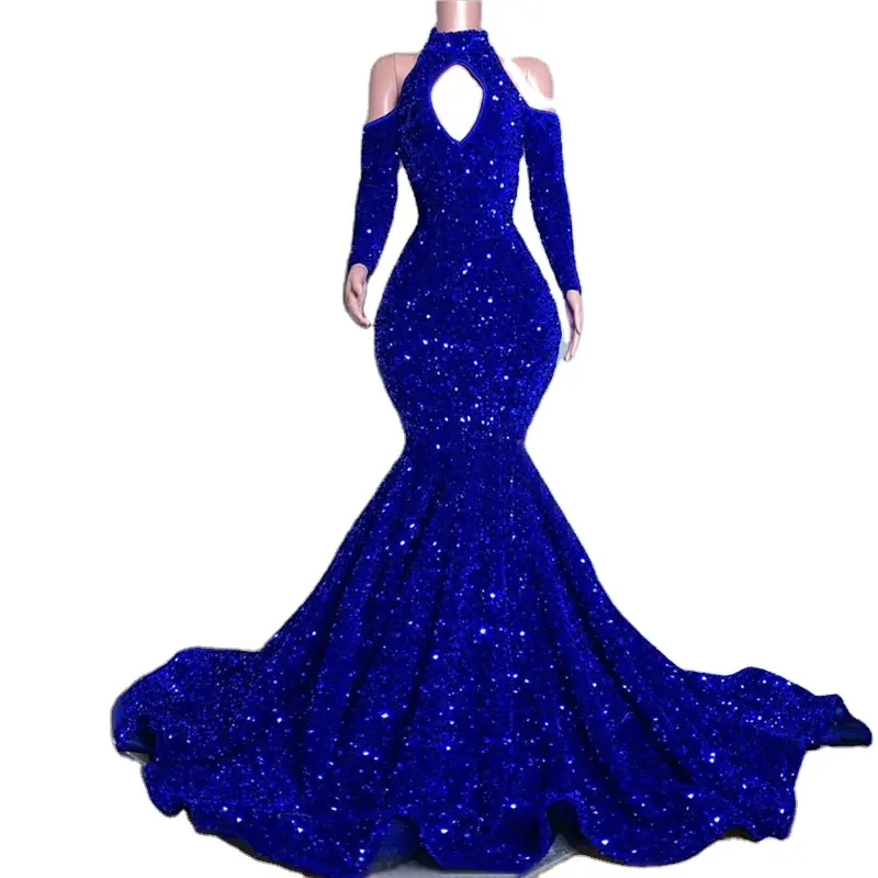 Royal Blue High Neck Off Shoulder Long Sleeves Mermaid Evening Gowns 2021 Serene Hill LA70453 Sequined Party Dresses For Women