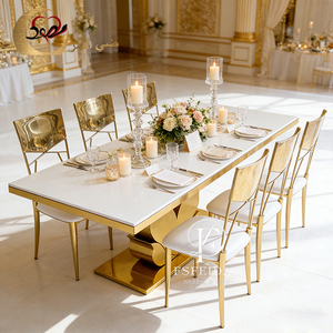 โต๊ะรับประทานอาหารสแตนเลสทรงสี่เหลี่ยมผืนผ้า ดีไซน์ทันสมัยไม่ซ้ำใคร ท็อปทำจาก MDF เหมาะสำหรับงานเลี้ยง งานแต่งงาน ใช้ในอพาร์ทเมนต์และโรงแรม - Product Image 3