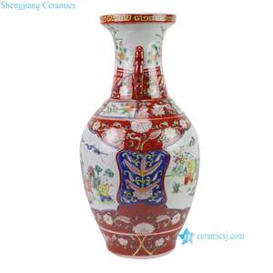 RZFA55-A periodo Kangxi Famille Rose dipinte a mano <span class=keywords><strong>in</strong></span> porcellana <span class=keywords><strong>rossa</strong></span> motivi a forma di fondo a doppio <span class=keywords><strong>vaso</strong></span> orecchie per collezioni Villa - Product Image 2