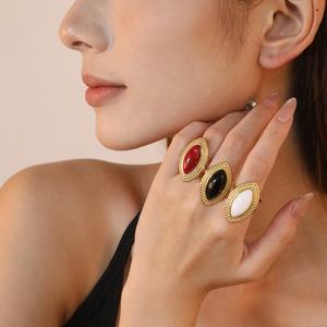 Anillos Ajustables de Acero Inoxidable con Baño de Oro de 18K, Estilo Ins, Resistentes al Agua y al Deslustre, con Turquesa Roja, Blanca y Negra - Product Image 1