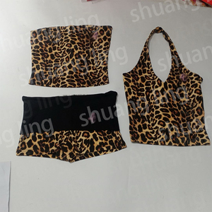 Conjunto de Ropa de Estar por Casa con Estampado de Leopardo para <span class=keywords><strong>Mujer</strong></span> con Logotipo Personalizado Ropa de Verano de Manga Corta y Shorts o Pantalones Acampanados - Product Image 5