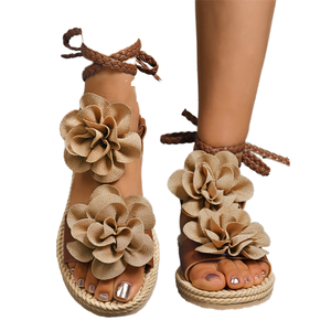 Sandalias Planas de Verano para Mujer, Talla Grande, con Tiras Tejidas, Flores y Cordones, Cierre Deslizante, Antideslizantes, Transpirables, a la Moda - Product Image 1