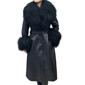 Trench lunghi in vera pelle <span class=keywords><strong>di</strong></span> pecora nera <span class=keywords><strong>di</strong></span> alta qualità donna <span class=keywords><strong>con</strong></span> polsini in vera <span class=keywords><strong>pelliccia</strong></span> mongoliana - Product Image 1