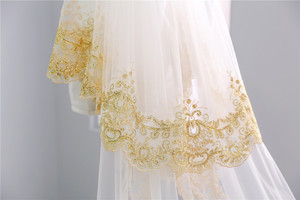 ROMANTIQUE <span class=keywords><strong>Or</strong></span> Femmes Mariée Dentelle Appliques Longue Cathédrale Deux Couches Voile De Mariage - Product Image 3