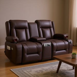 Sofá Reclinable Eléctrico de Dos Plazas, Cuero Genuino, Calefacción, Masaje, Puertos USB, Portavasos, Bolsillos Laterales, Muebles para Sala de Estar - Product Image 2