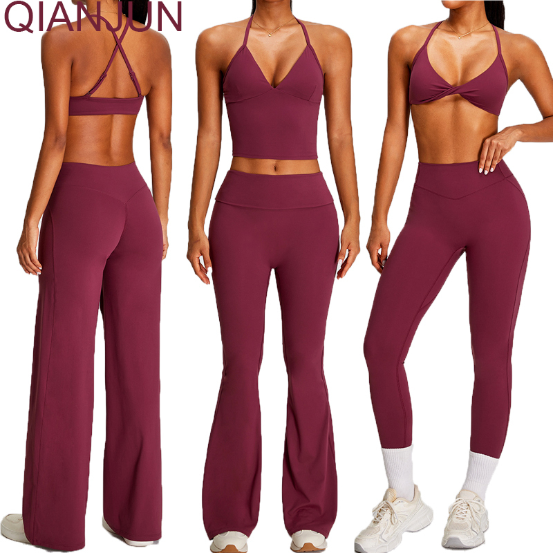 Custom Logo Sports Workout Sets Cross Back Bra and High Waist Leggings 5pcs Yoga Sets Gym Fitness Activewear for Women