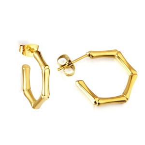 High Quality <b>Fashion</b> Jewelry 18k Gold Plated Huggie <b>Earrings</b> Stainless Steel Bamboo Shape Geometric <b>Hoop</b> <b>Earrings</b> for Women - Product Image 1