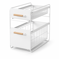 Organisateur de rangement coulissant pour armoire et comptoir, étagère à 2 niveaux en métal avec poignée en bois massif, rangement de cuisine
