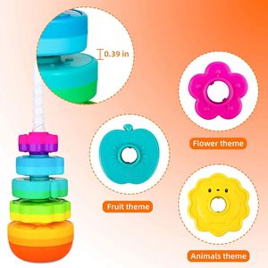 Jouet d'empilage rotatif pour bébés de 12 mois et plus, thème arc-en-ciel, fleurs, animaux, fruits, anneaux empilables en ABS pour tout-petits - Product Image 3