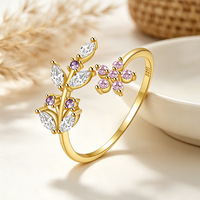 Bague ajustable empilable en argent sterling S925 non ternissant avec zircon, motif feuilles et fleurs, idéale pour la Saint-Valentin pour les couples