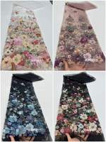Tissu en dentelle à perles bleues pour robe, motif floral