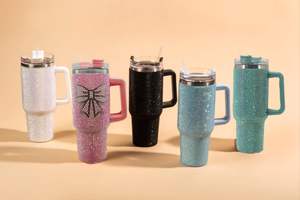 Gobelet isotherme rose 40oz avec poignée, strass, couvercle et paille, pour porte-gobelet de voiture, double paroi - Product Image 4