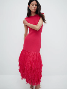 <span class=keywords><strong>Abito</strong></span> Donna Elegante <span class=keywords><strong>Rosso</strong></span> Senza Maniche con Scollo Rotondo, Aderente, con Frange e Lavorazione a Costine Personalizzabile - Product Image 2