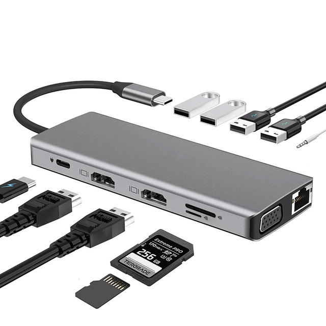 New 12 in 1 Type-C to Dual HDTV VGA USB2.0 USB3.0 TF/SD PD Audio 1000Mbps Ethernet Multi Ports Adapter USB Hubs