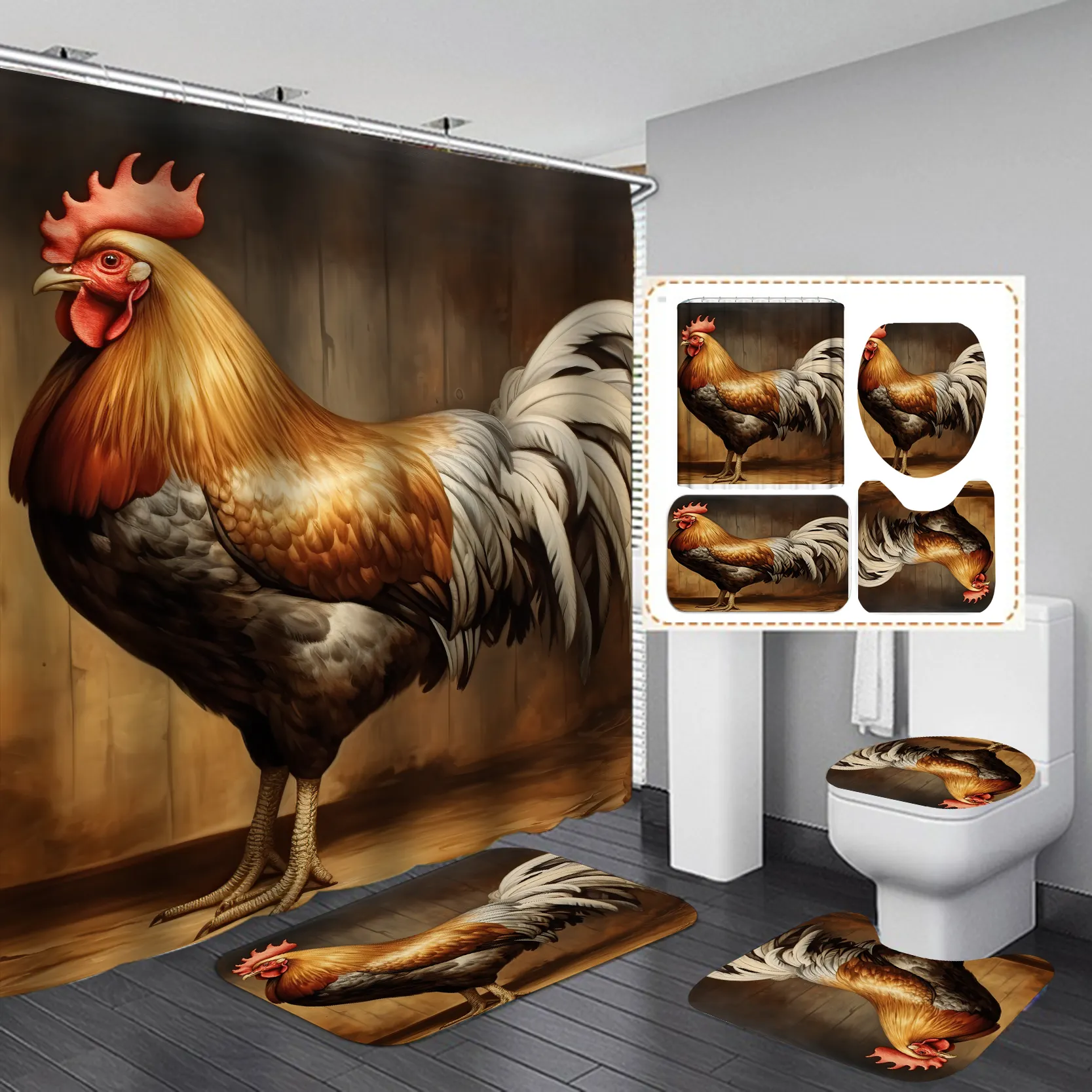 Custom Cool Cock Rooster Shower Curtain 4 piece Bathroom Sets Wholesale Chicken Pattern Bathing Accessories