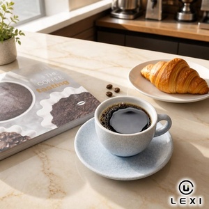<span class=keywords><strong>Tasse</strong></span> et soucoupe à expresso bleu mat marbré, en grès réactif et porcelaine, duo café-thé avec texture en relief - Product Image 3