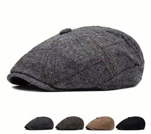 หมวกเบเร่ต์ขนสัตว์ลายก้างปลาสำหรับผู้ชาย ฤดูใบไม้ร่วง/ฤดูหนาว ผ้ากำมะหยี่ อุ่นสบาย สไตล์ลำลอง หมวกทรงนิวส์บอย สกรีนโลโก้ตามสั่ง - Product Image 1