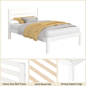 Letto della piattaforma di legno solido con la <span class=keywords><strong>testiera</strong></span>, struttura gemella moderna del letto con le stecche di legno di sostegno, nessuna molla della scatola necessaria, bianco - Product Image 4