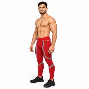 Leggings de compression rouges pour hommes Tiierwear, taille haute, longueur intégrale, sans couture, avec bande latérale côtelée, pantalon de sport, leggings de compression - Product Image 1