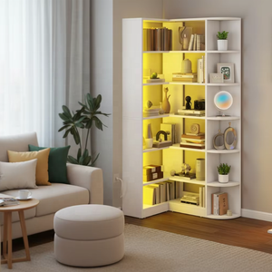 Meuble d'angle moderne blanc avec éclairage LED intégré, bibliothèque spacieuse en bois de grande capacité, buffet pour l'organisation et la décoration de la maison moderne - Product Image 3