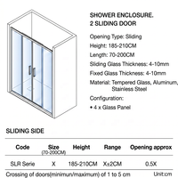 Cabine de douche coulissante bipartite à ouverture centrale avec verre trempé de 8 mm, double joint d'étanchéité et rail inférieur en aluminium encadré