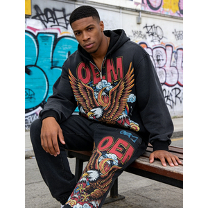 Digital Printing Streetwear Black OEM Custom LOGO Printing Heavyweight 400 GSM Zipper 2-piece Men's Hoodie Set - Product Image 3