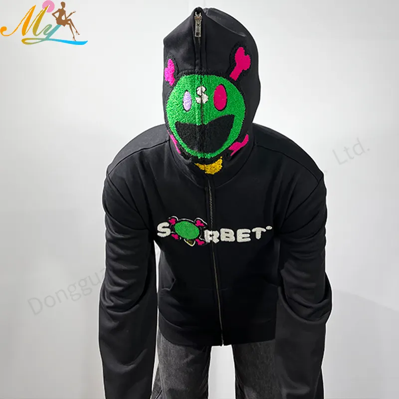 2022 Factory Wholesale Men Hip Hop Chenille Embroidery Heavyweight Full Zip Hoodie Custom Oversized Black Full Zip Up Hoodie