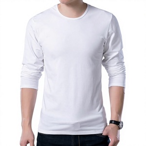 T-shirt blanc à manches longues et col rond, coupe ajustée, 100% coton jersey tricoté, couleur unie, décontracté, unisexe, toutes saisons - Product Image 1