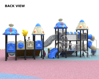 Équipement de terrain de jeux extérieur sur mesure à thème, plateforme à double niveau, toboggans pour enfants, rampe d'escalade en filet, manèges de parc d'attractions