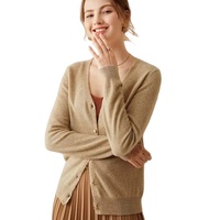 Cardigan en tricot pour femme, col en V, manches longues, 12GG, mélange de coton raffiné, couleur unie, automne, vente en gros