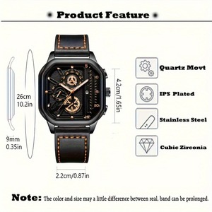 Reloj de Cuarzo QW149 de Lujo para Hombre, Deportivo, Resistente al Agua, Luminoso, Cronógrafo de 3 Agujas, Cuadrado, Moderno, con Correa de Cuero - Product Image 5