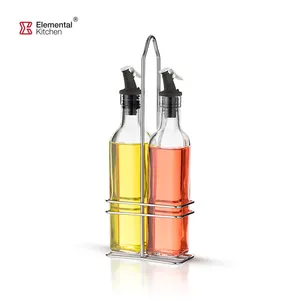 Customised Labeling 500ml 250ml 150ml Clear Olive Oil And Vinegar Glass Bottle Square Oil Pourer Set With Rack