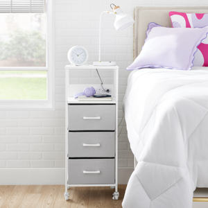 거실 침실 침대 옆 보관을위한 3 패브릭 서랍 충전기가있는 이중 계층 금속 롤링 보관 카트 - Product Image 3