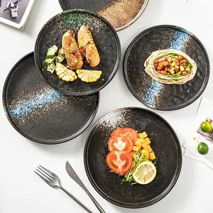 Yüksek kalite 7 inç altında renk sırlı ev restoran seramik yuvarlak sığ taş çanak yemeği salata tabakları