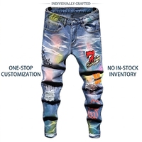 Jeans skinny droits vintage pour hommes, peints sur mesure avec des éclaboussures, effet usé et déchiré, brodés et avec des patchs
