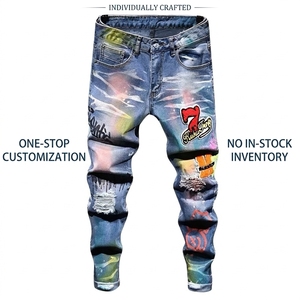 Jeans Ajustados Rectos con Pintura Personalizada, Efecto Desgastado y Rasgado, Pantalones Vintage con Bordado y Parches para <span class=keywords><strong>Hombre</strong></span> - Product Image 1