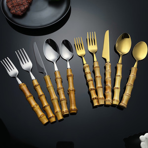 A69 Bamboo Handle Tableware Stainless Steel Cutlery Set Knife <b>Fork</b> Spoon Hotel Gift Set Spring 2025 - Product Image 3