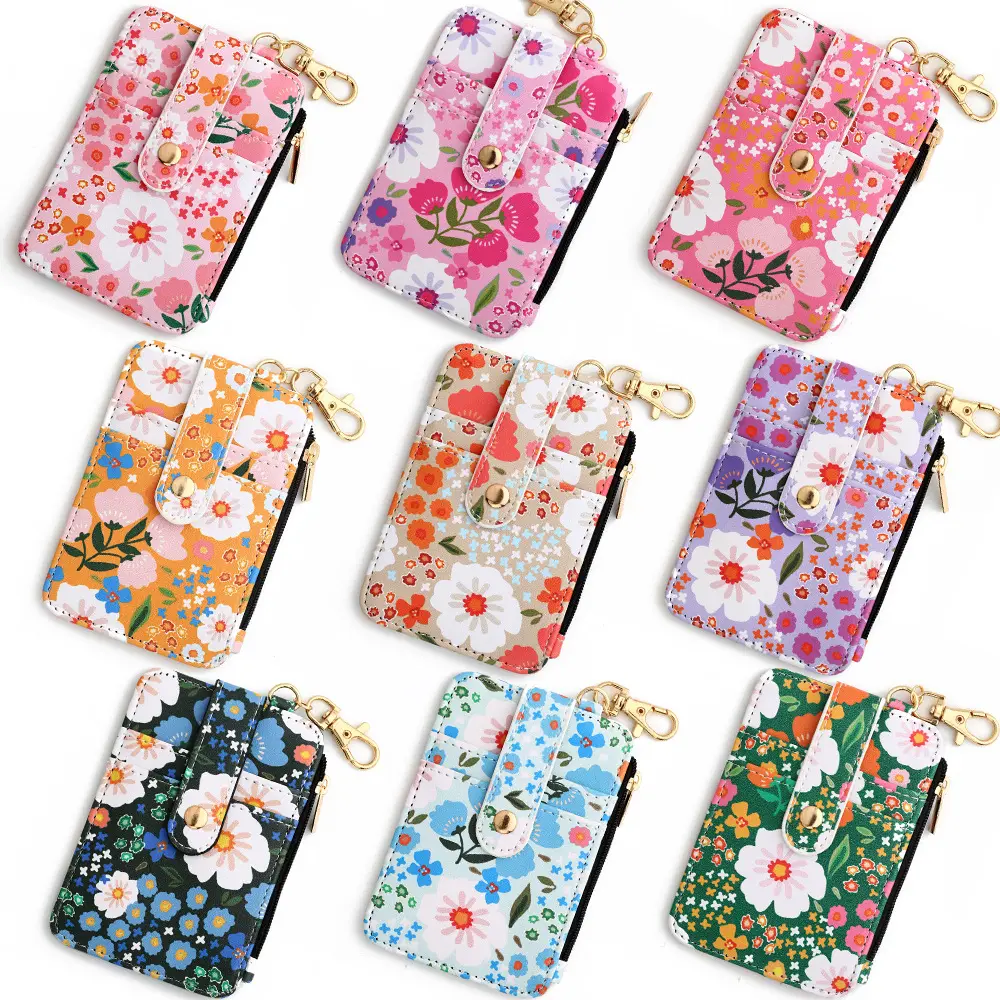 Yeni tasarım çiçek baskı deri kredi kart tutucu anahtarlık dikey fermuar çanta para kesesi cüzdan bulucu kadınlar kızlar için zincirler