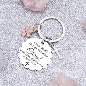 Llavero con Colgante de Cruz de Flores Rosadas, Grabado en Acero Inoxidable, el Más Vendido, Regalo Ideal - Product Image 4