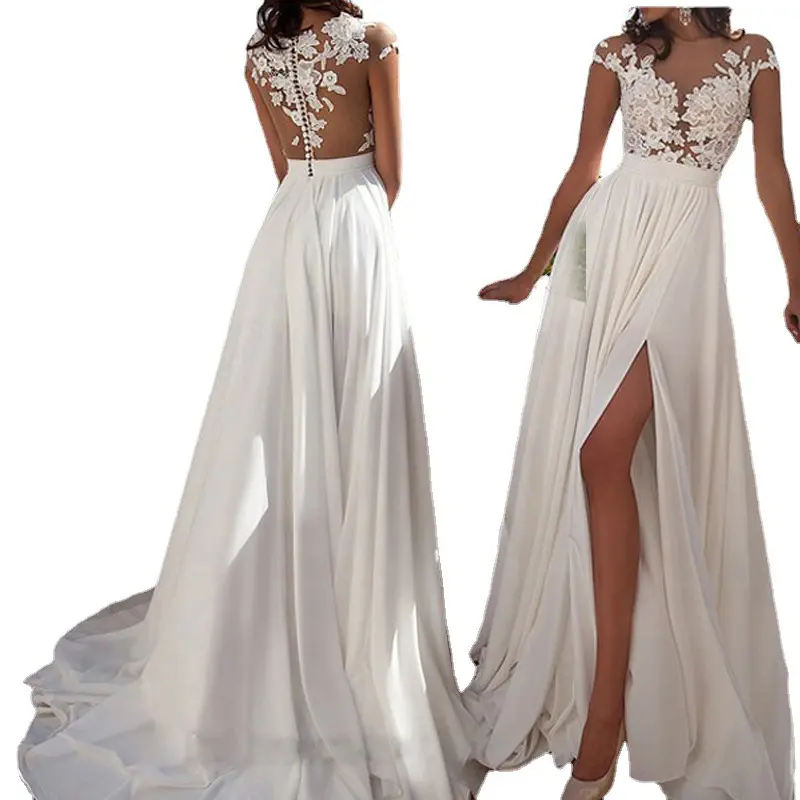 2023 Cross border New Foreign Trade European and American Wedding Dress Sexy Lace Split Evening Dress Long Dress
