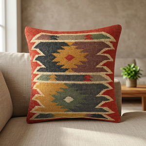 Coussin de chaise carré en laine et jute fait main, motif géométrique abstrait polyvalent, s'adapte à tous les types de chaises - Product Image 3