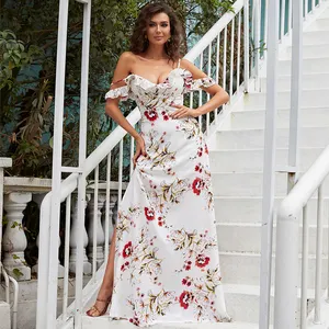 Floral Print Cold Shoulder Casual Ruffle Trim Slit Thigh Sexy Pakistani Printed Dresses