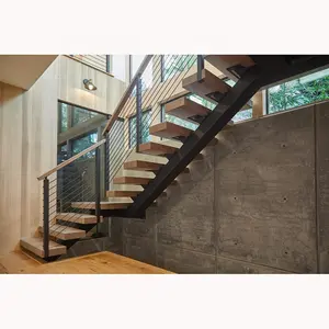 ישר מדרגות מעץ מלא מדרגות זכוכית מעקה מדרגות פנים בשימוש מדרגות
