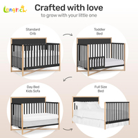 Lit bébé convertible 5-en-1 certifié JPMA, moderne, écologique, durable, en bois massif de chêne blanc, se transforme en lit pour tout-petit, lit de jour, canapé pour enfants