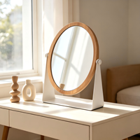Miroir de maquillage écologique en bambou avec cadre en bois et support en métal blanc 360° °   Miroir de table rotatif