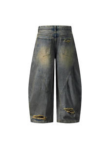 กางเกงยีนส์ทรงขากว้างสีน้ำเงินสไตล์เรโทรคุณภาพสูง ระบายอากาศได้ดี ดีไซน์ขาดเซอร์ๆ แต่งรอยขาดและรู สำหรับทุกเพศ - Product Image 4