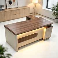 Bureau de direction en bois en forme de L, moderne et luxueux, pour bureau de PDG d'entreprise, avec grand meuble latéral et éclairage LED de luxe